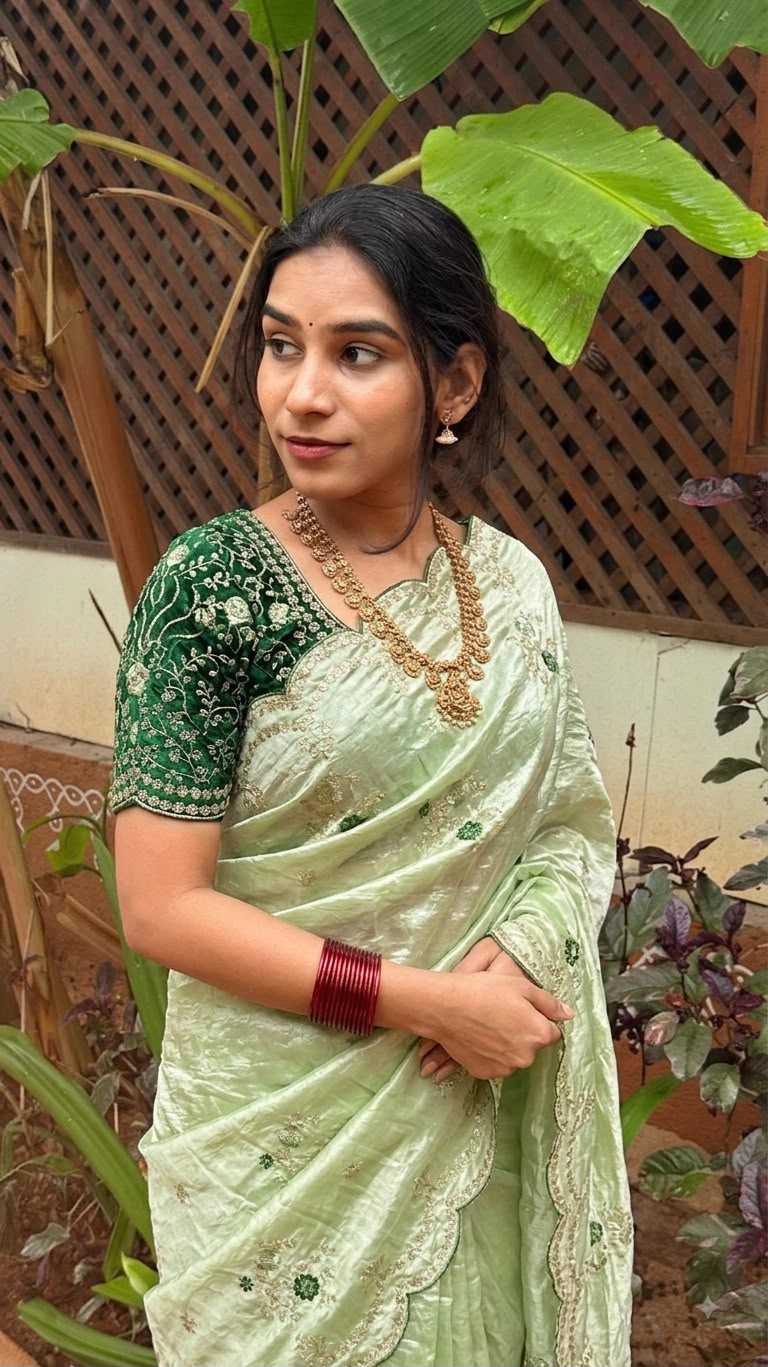 Satin Sequence Saree in Beige