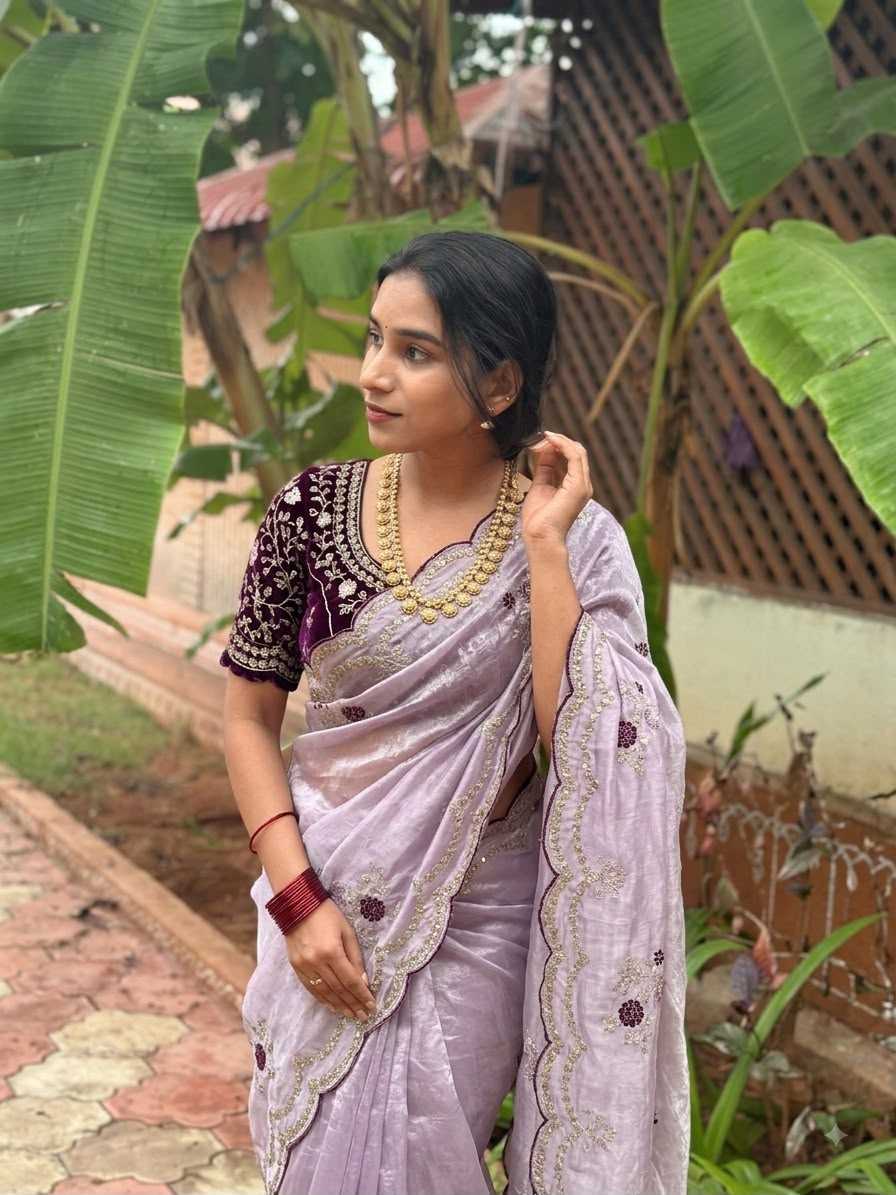 Satin Sequence Saree in Beige