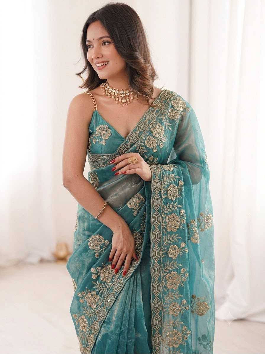 Satin Sequence Saree in Baby Pink