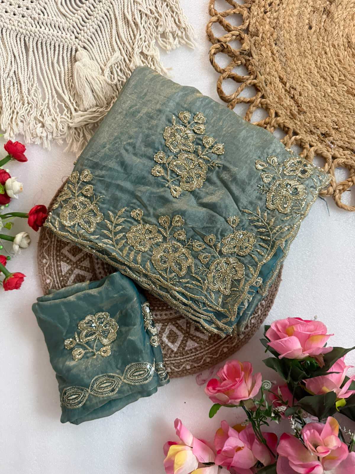 Satin Sequence Saree in Olive