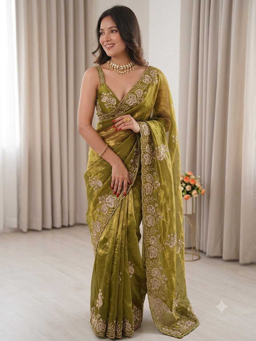 Satin Sequence Saree in Olive