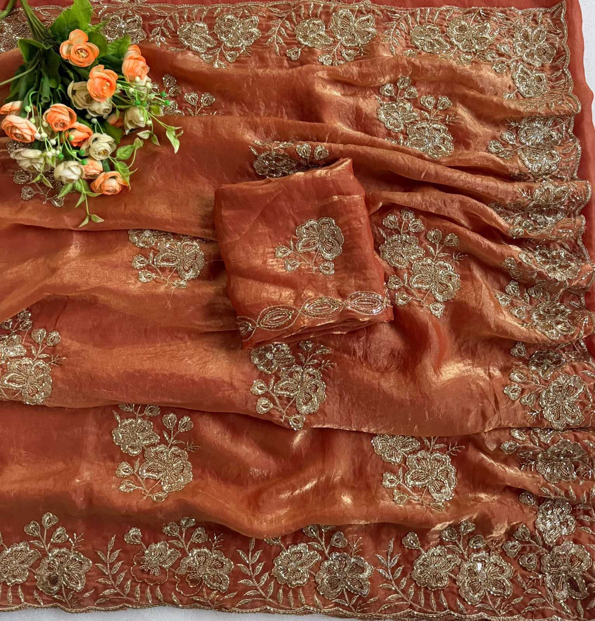 Satin Sequence Saree in Olive