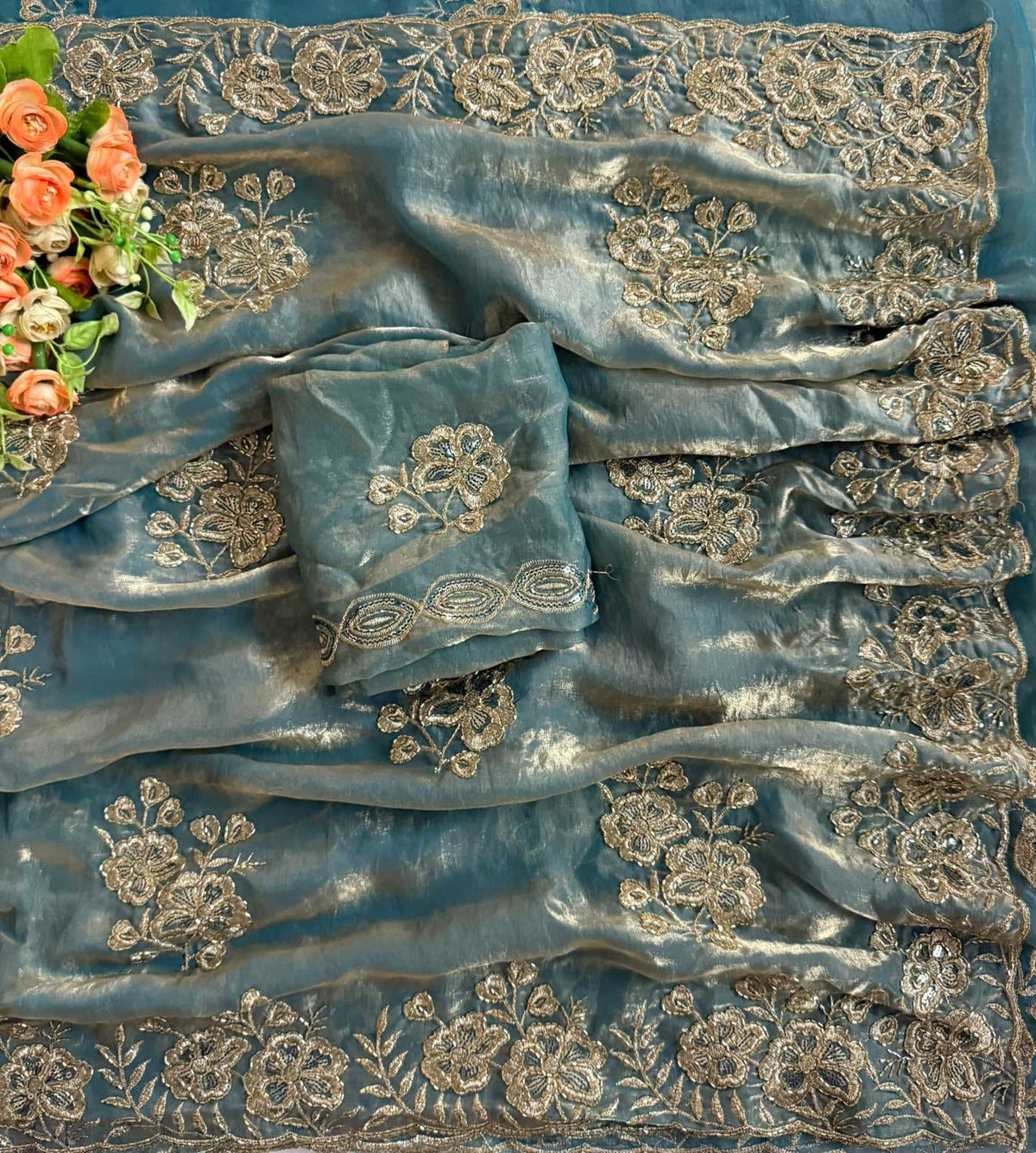Satin Sequence Saree in Olive