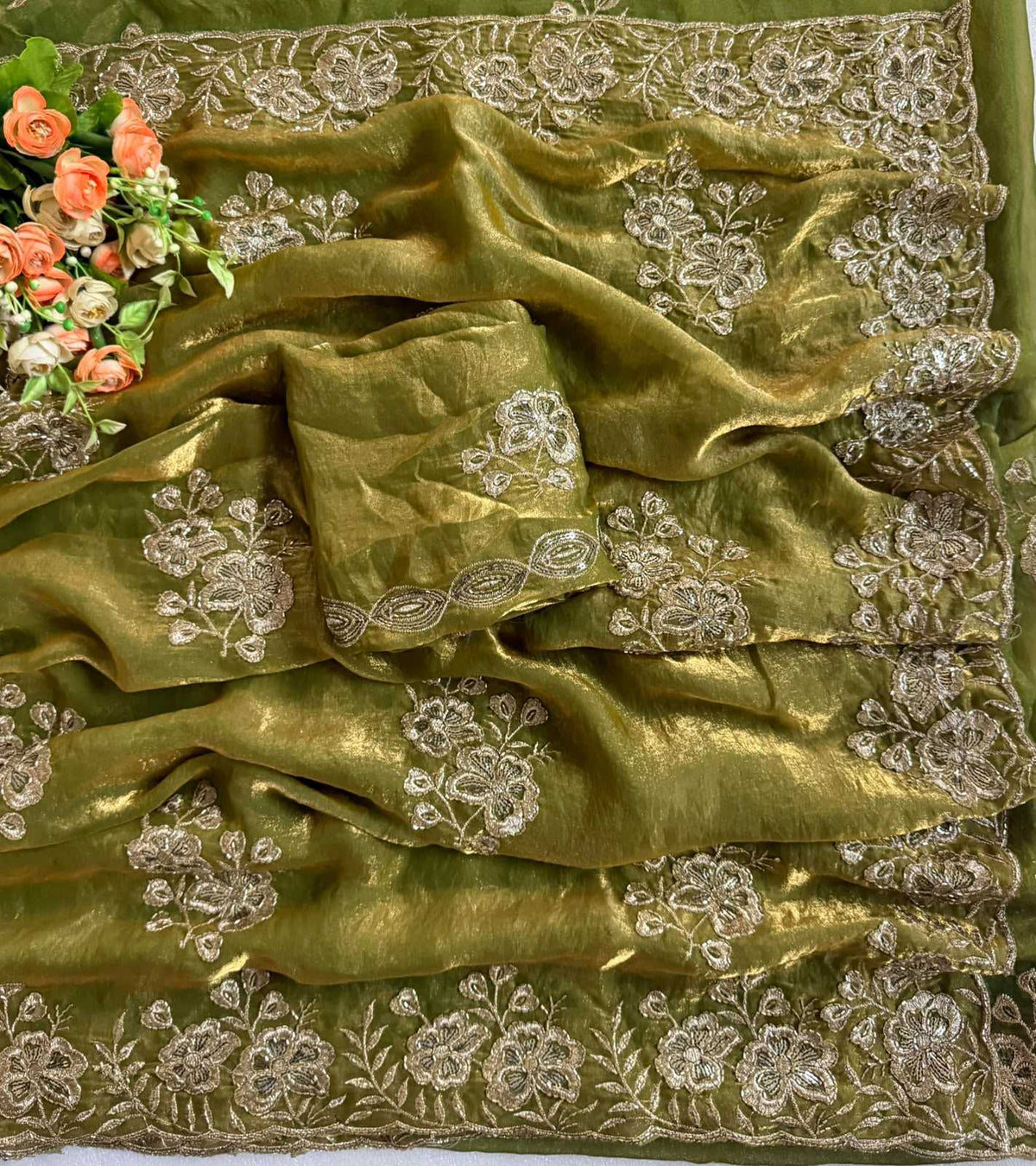 Satin Sequence Saree in Olive