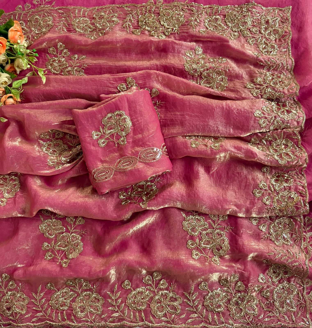 Satin Sequence Saree in Olive