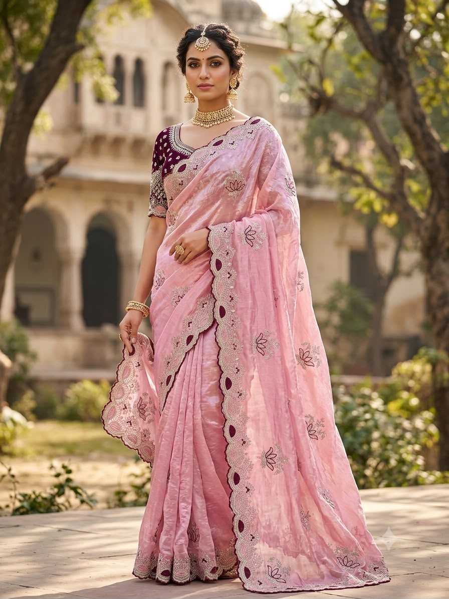 Pulkit Satin Sequence Saree in Baby Pink