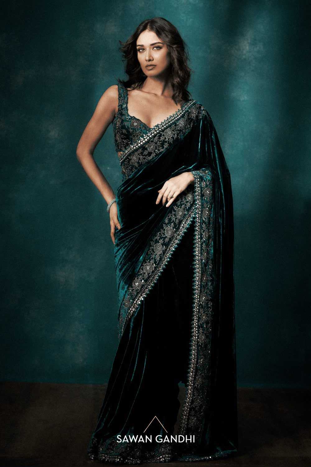 Viscose Designer Saree in Bottle Green