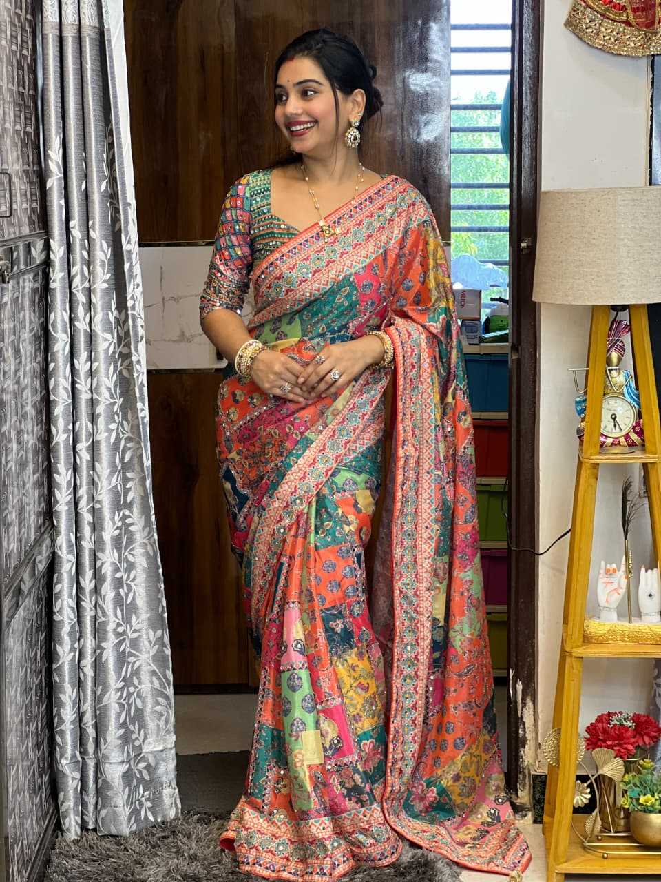 Chinon Silk Mirror Work Saree