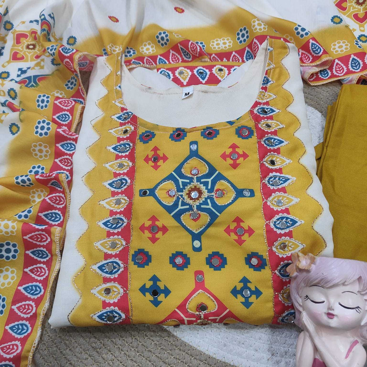 Comes Maslin Embroidery Suit in Yellow