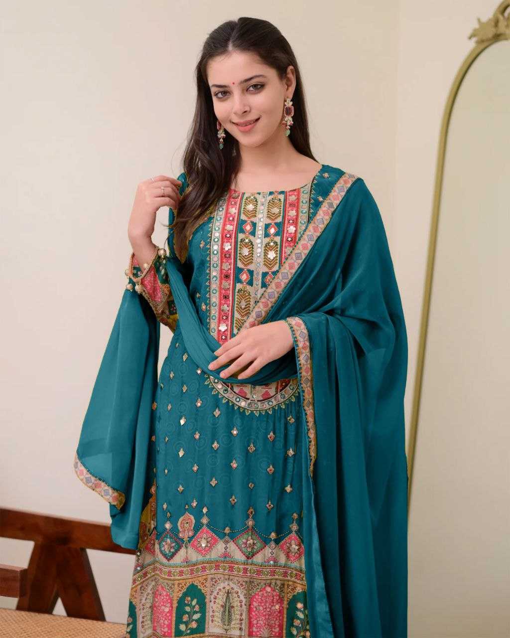 Ivory Chinon Silk Printed Suit