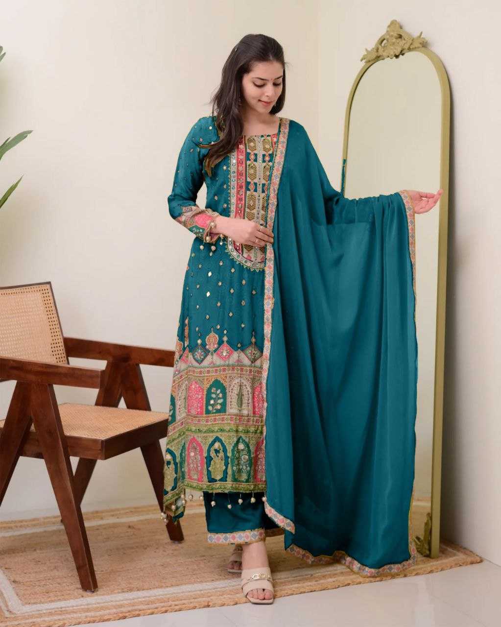 Ivory Chinon Silk Printed Suit
