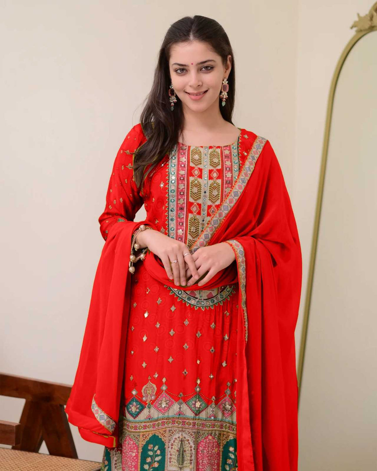 Ivory Chinon Silk Printed Suit