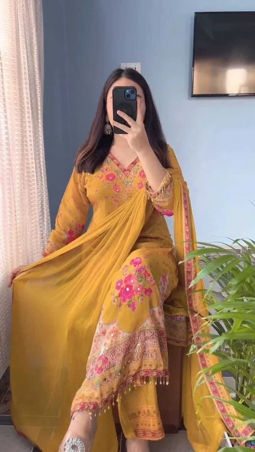 Work Chinon Silk Party Wear Kurti