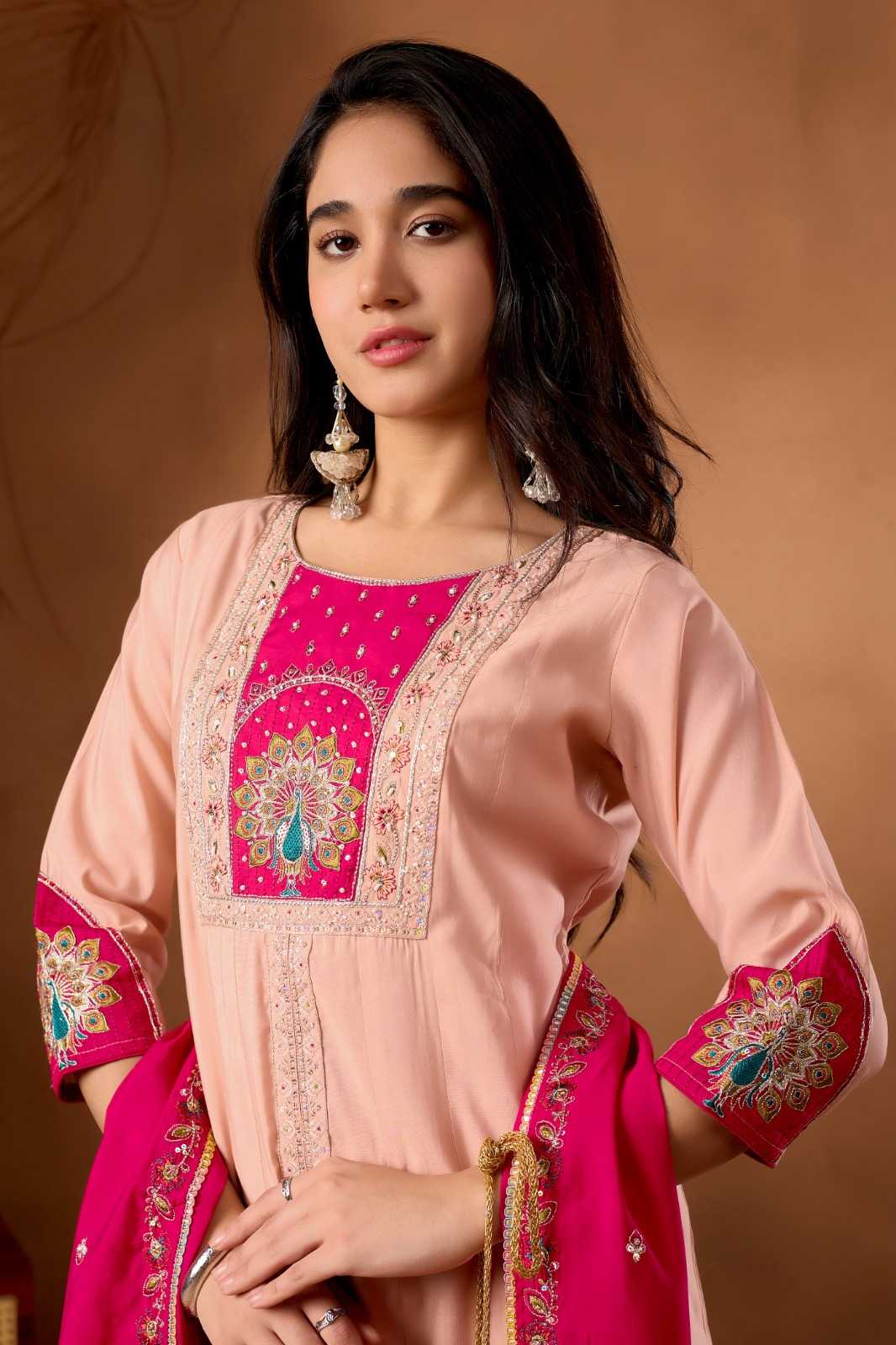 Heavy Roman Silk Anarkali Kurti in Baby Pink