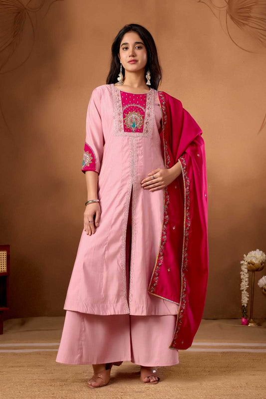 Heavy Roman Silk Anarkali Kurti in Baby Pink