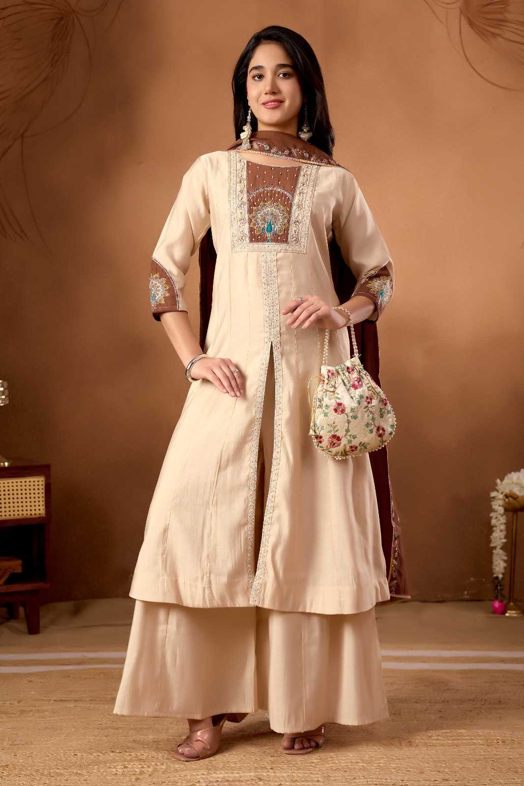 Heavy Roman Silk Anarkali Kurti in Baby Pink