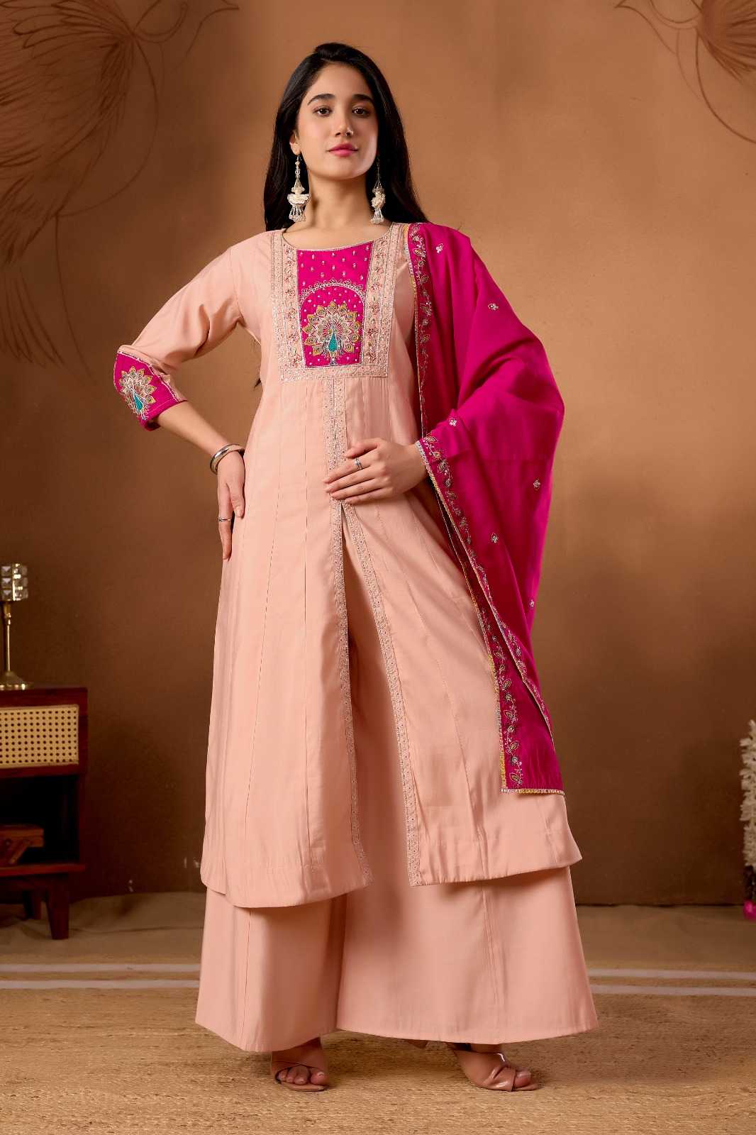 Heavy Roman Silk Anarkali Kurti in Baby Pink