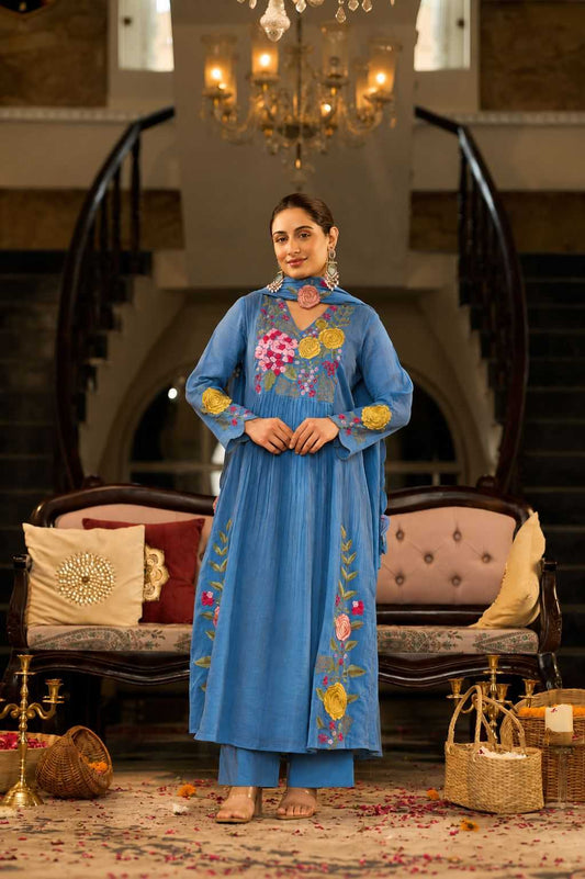 Chanderi Soft Embroidery Suit in Blue