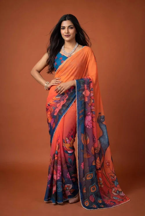 Georgette Printed Saree in Orange