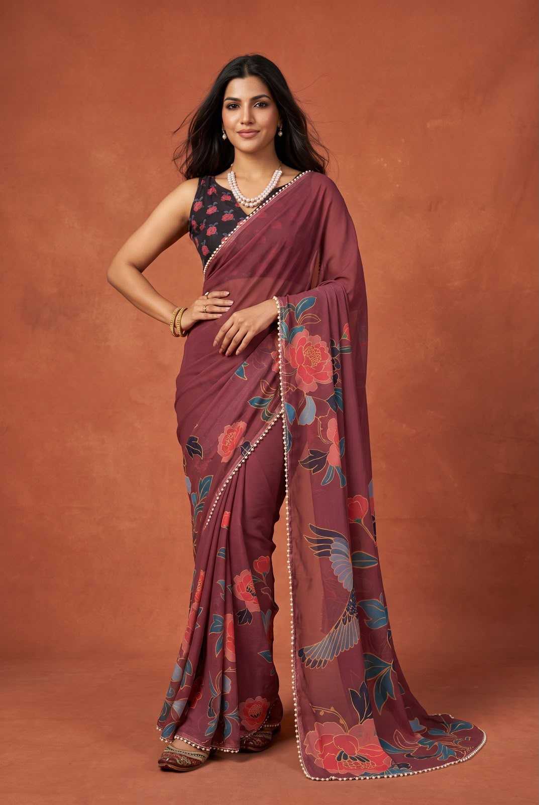 Georgette Printed Saree in Peach Orange