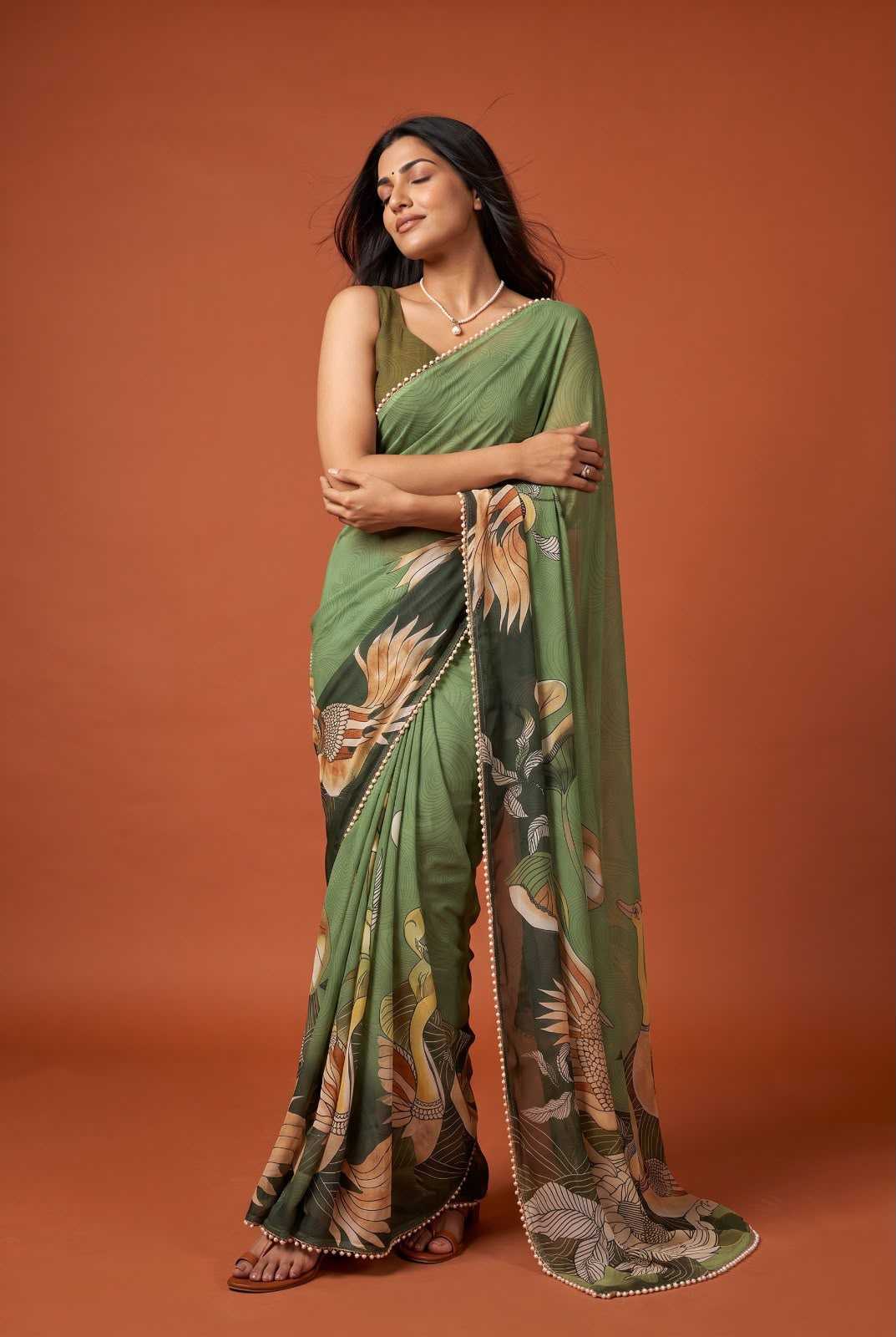 Georgette Printed Saree in Peach Orange