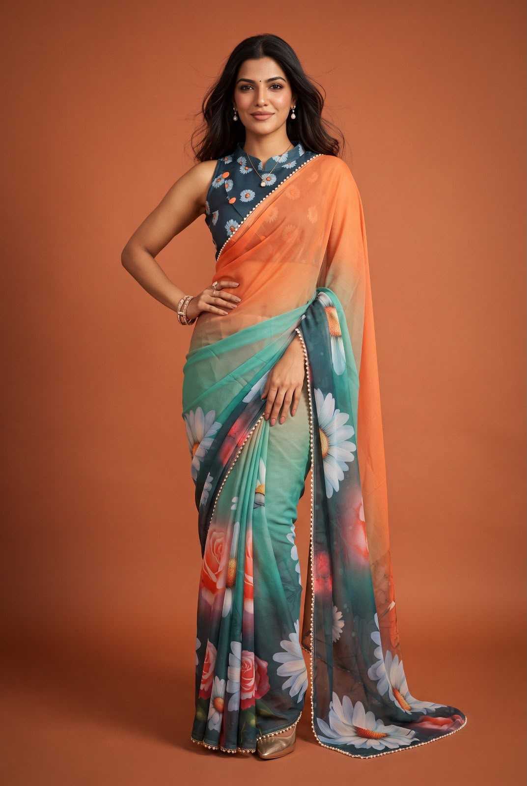 Georgette Printed Saree in Peach Orange