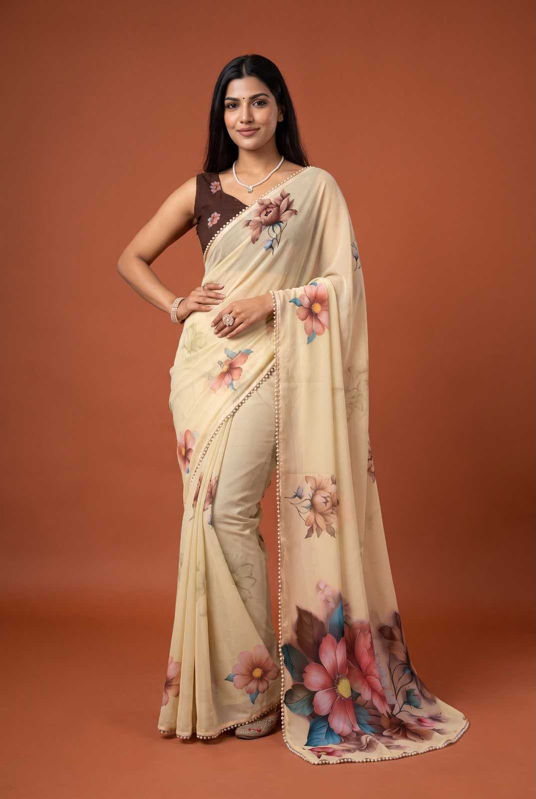 Georgette Printed Saree in Peach Orange