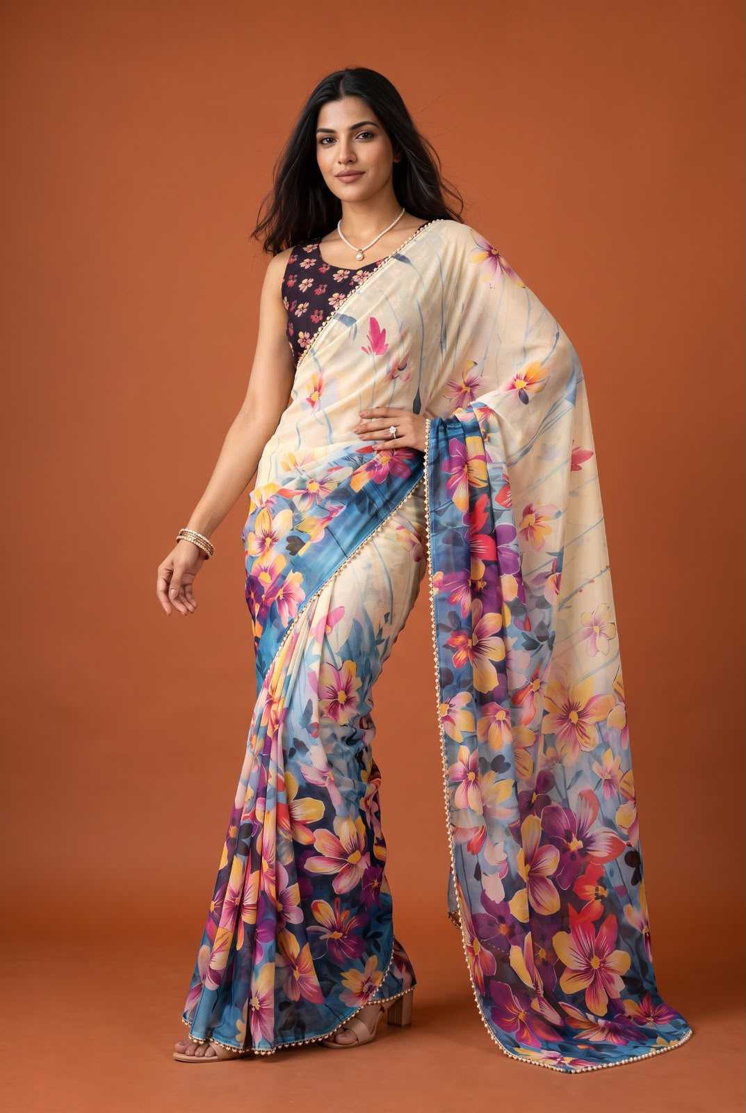 Georgette Printed Saree in Peach Orange