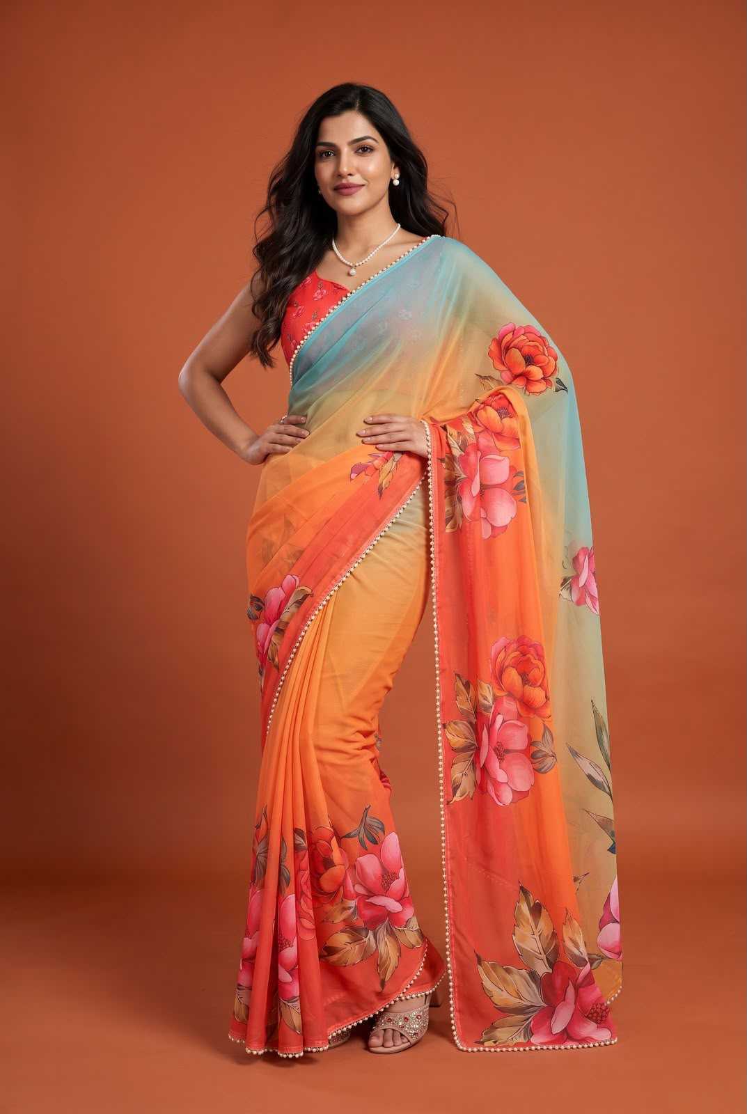 Georgette Printed Saree in Peach Orange