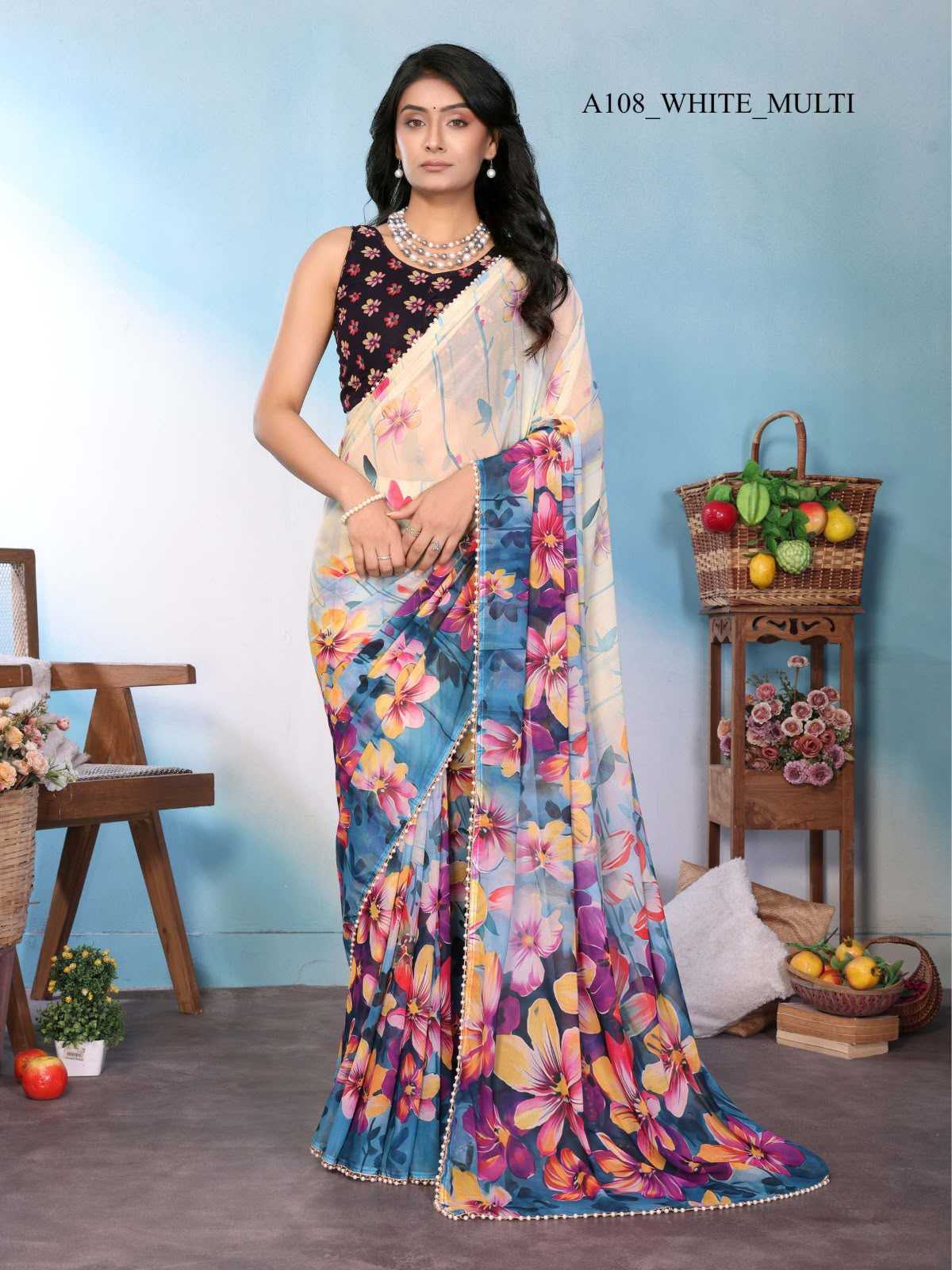 Georgette Printed Saree in Orange