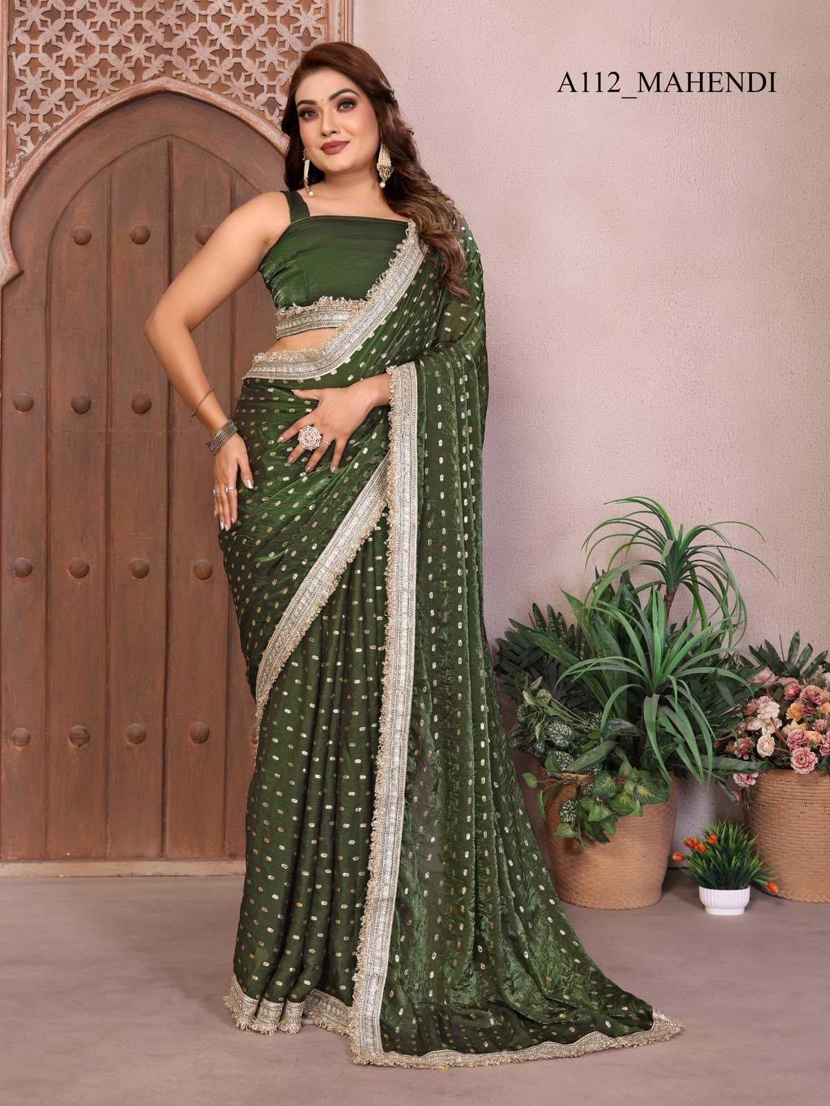 Satin Silk Designer Saree in Green