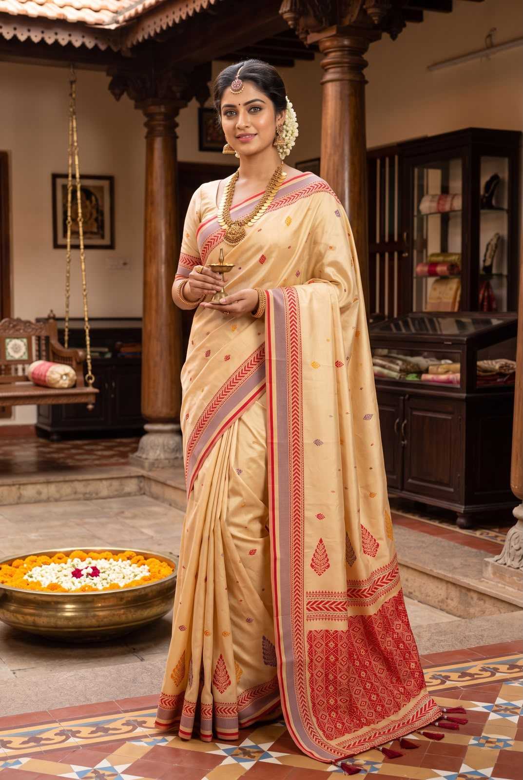 Durga Banarasi Soft Silk Saree in Cream