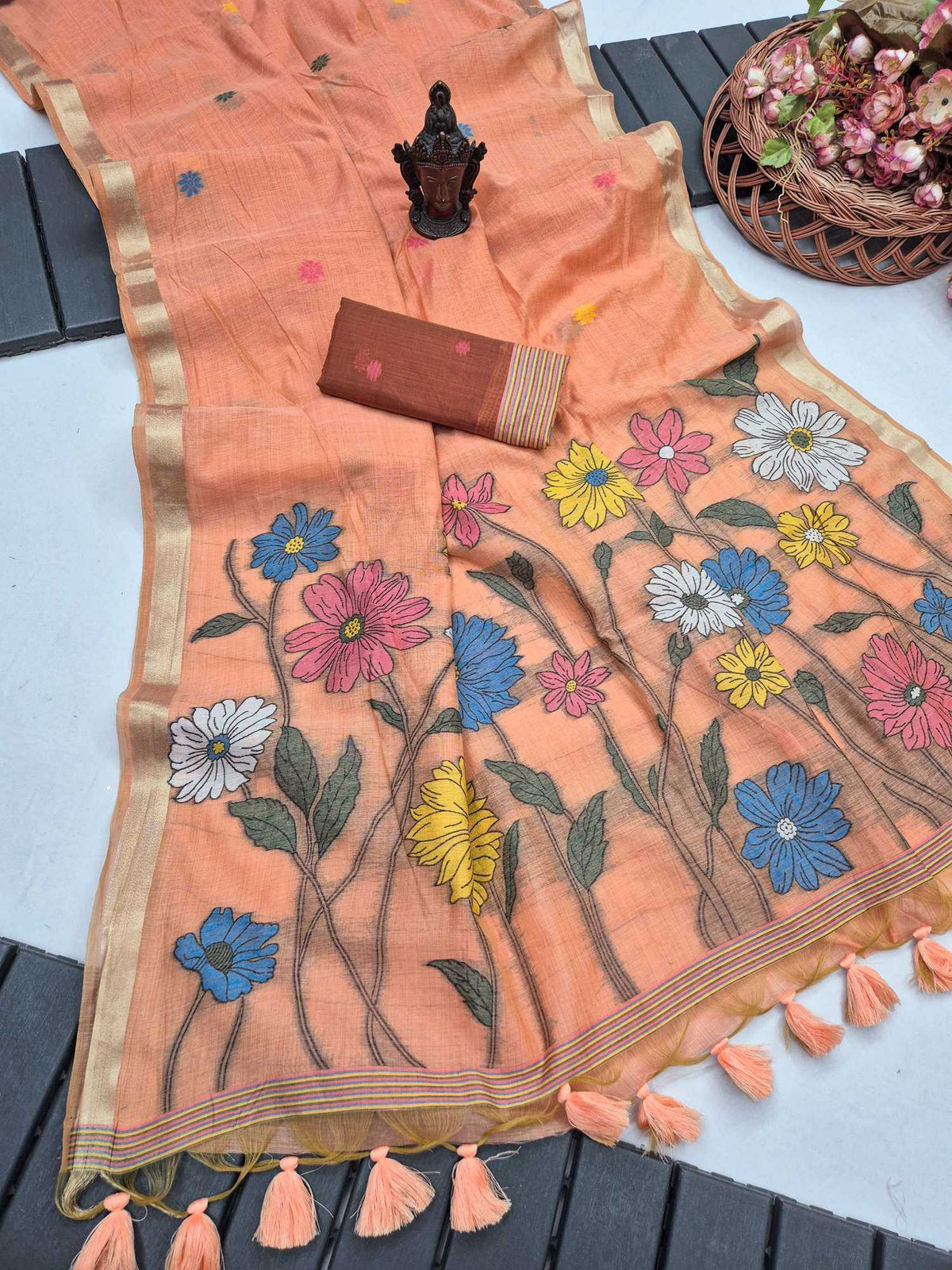 Flowers Cotton Zari Border Saree