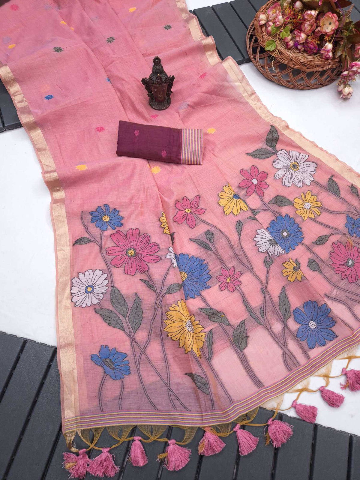 Flowers Cotton Zari Border Saree