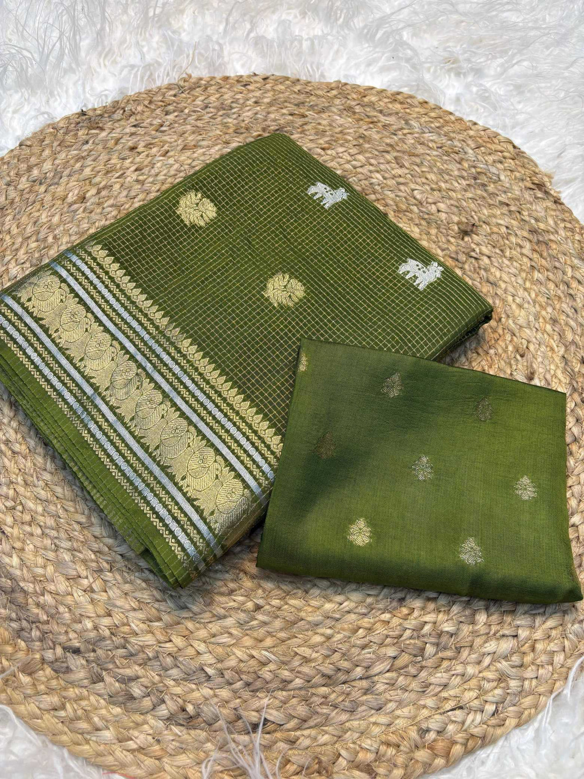 Golden Silver Soft Dola Designer Saree in Jungle Green