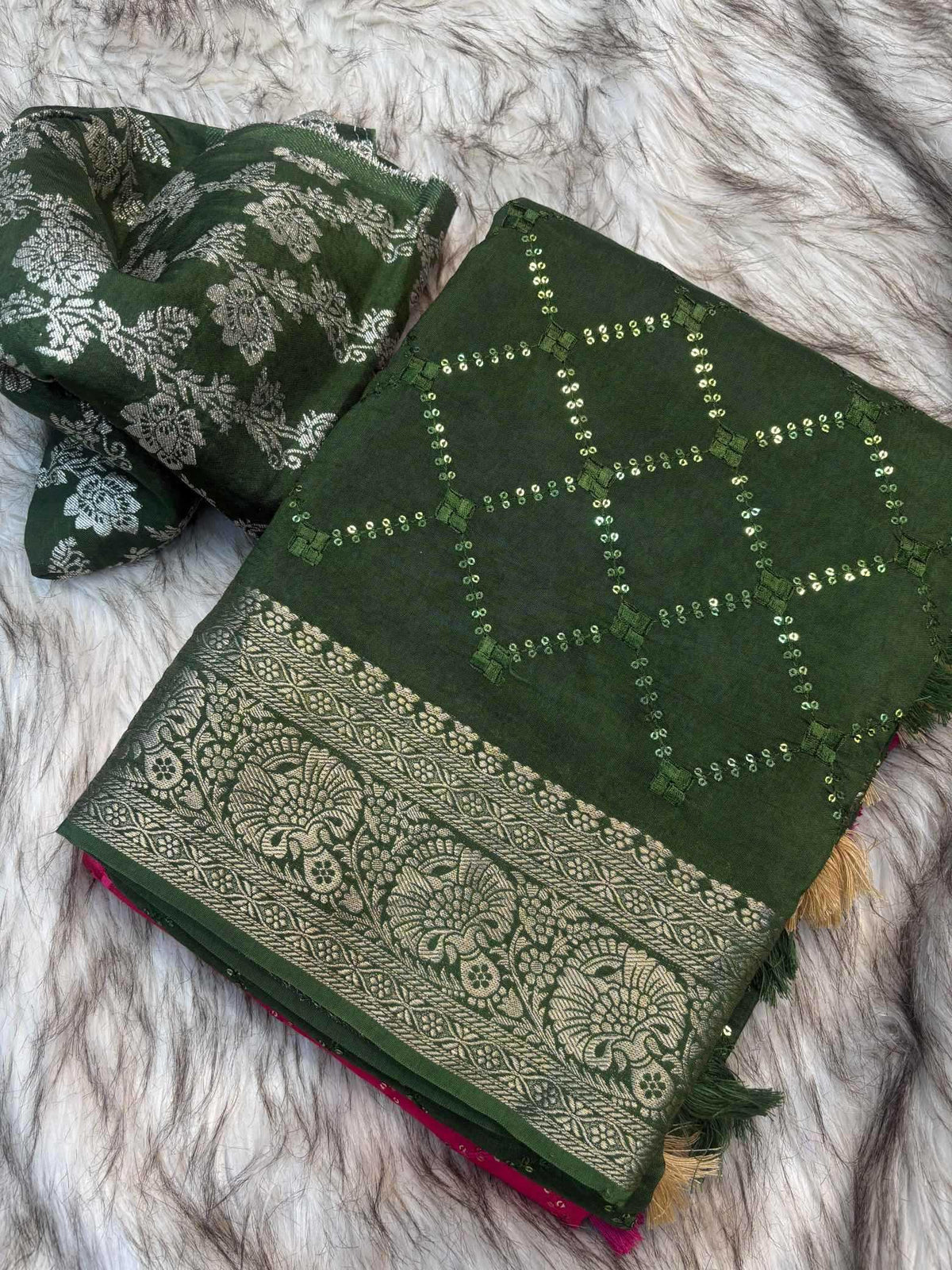Shree Pure Viscos Designer Saree in Dark Green