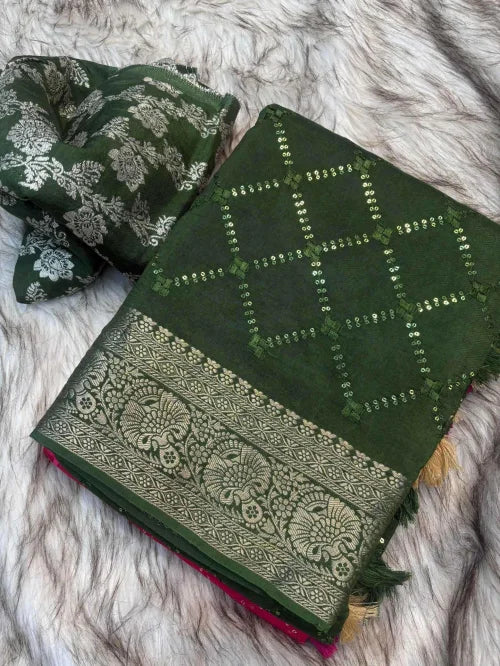 Shree Pure Viscos Designer Saree in Dark Green