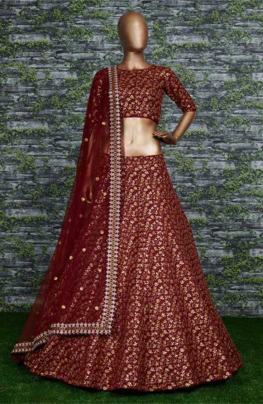 Silk Embroidered Lehenga in Matching •