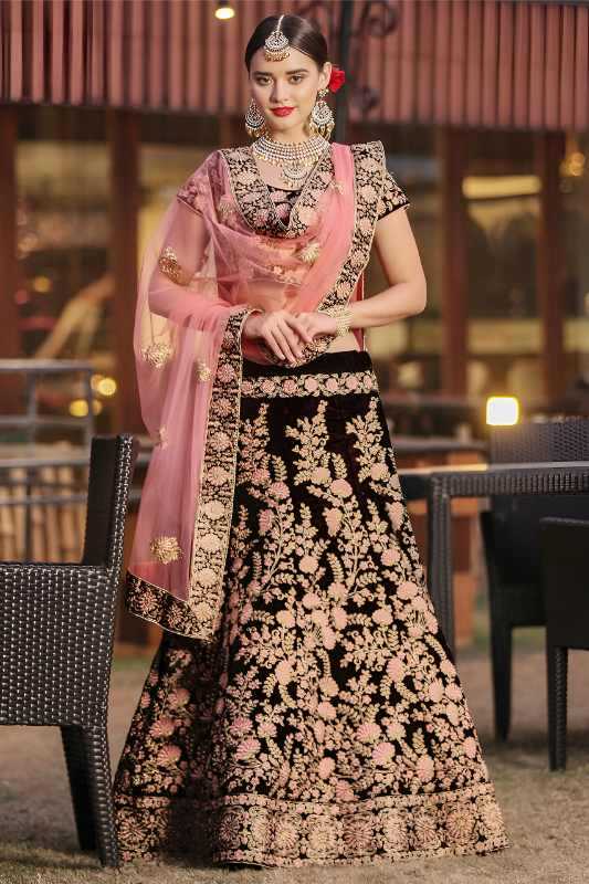 Velvet Wedding Lehenga in Matching •