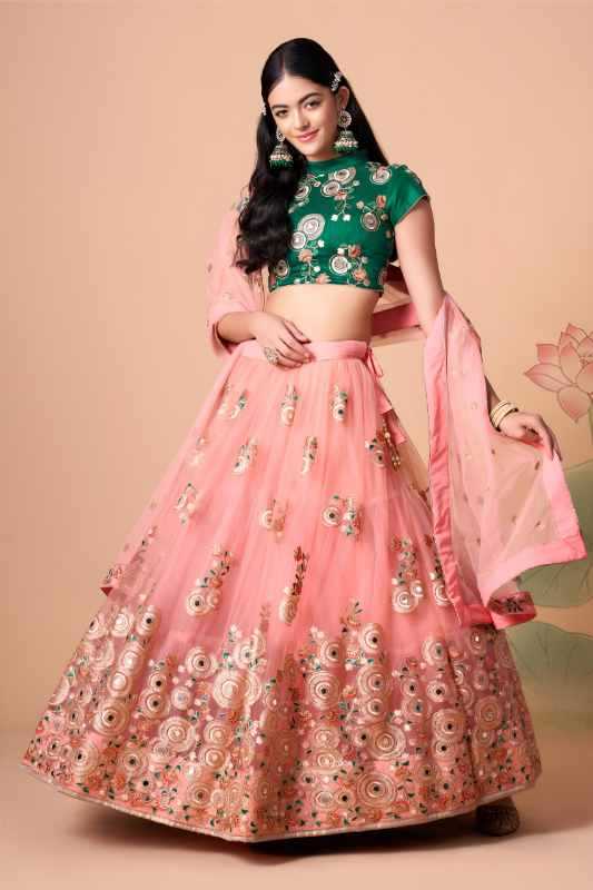 Soft Net Celebrity Lehenga in Green •