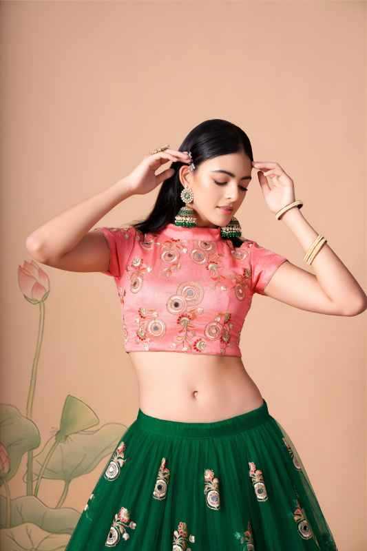 Soft Net Wedding Lehenga in Pink • 7316