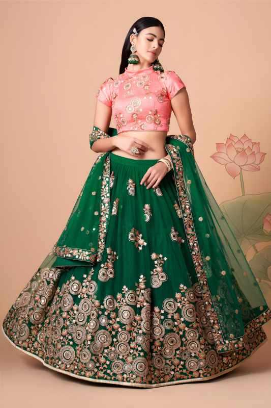 Soft Net Wedding Lehenga in Pink • 7316