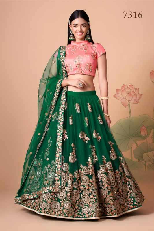 Soft Net Wedding Lehenga in Pink • 7316