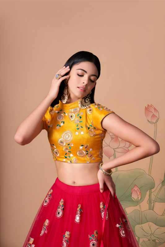 Soft Net Floral Lehenga in Yellow •