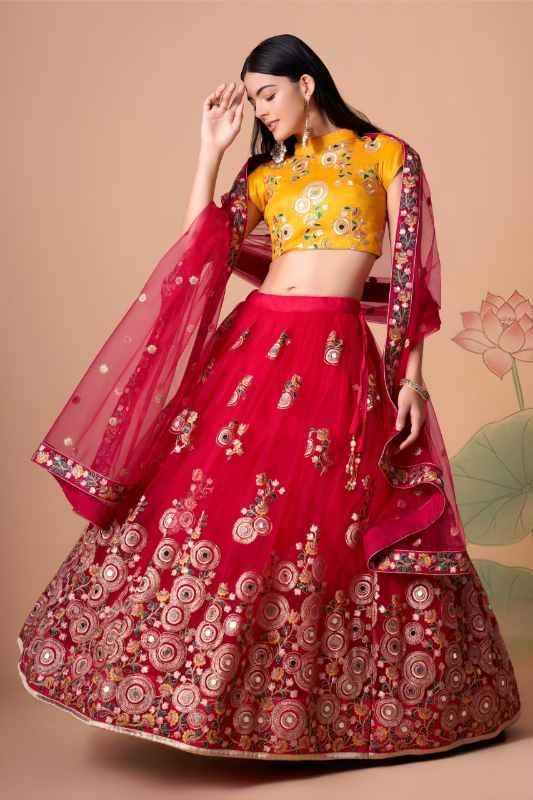 Soft Net Floral Lehenga in Yellow •