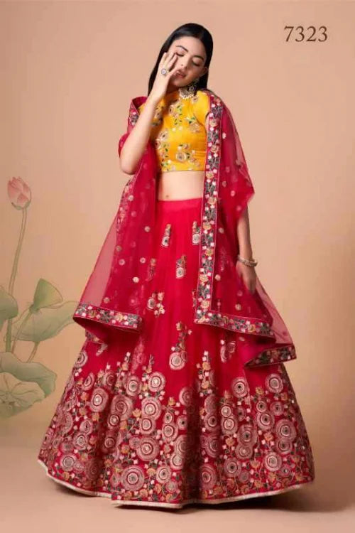 Soft Net Floral Lehenga in Yellow •
