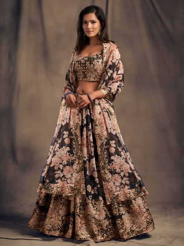 Organza Wedding Lehenga in Peach •