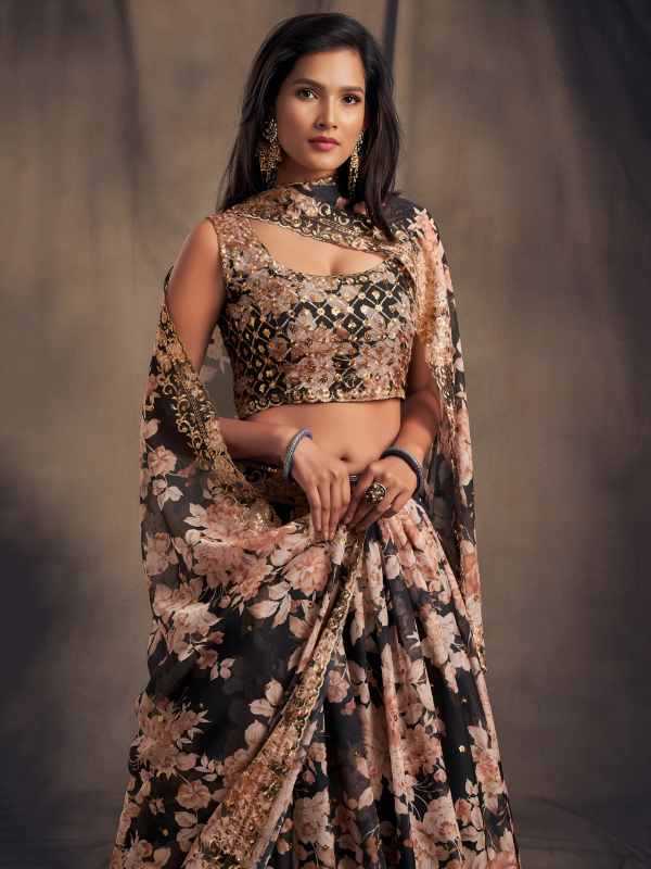 Organza Wedding Lehenga in Peach •
