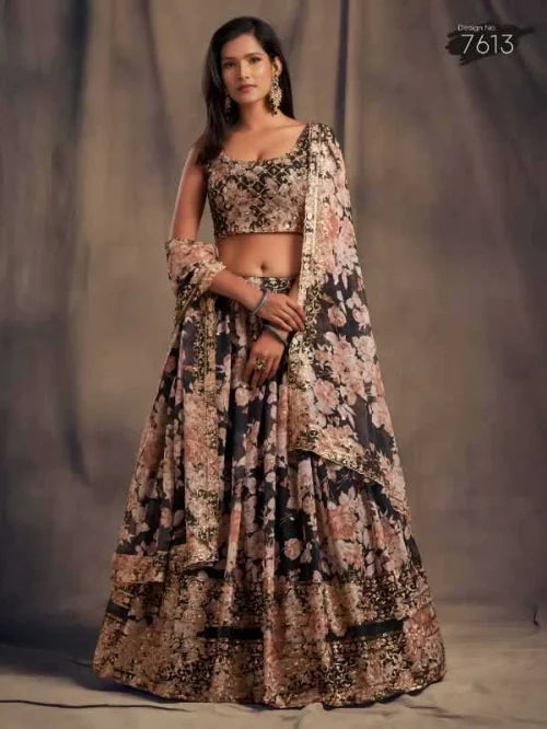 Organza Wedding Lehenga in Peach •