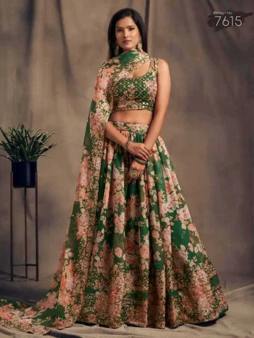 Organza Wedding Lehenga in Matching • 7615